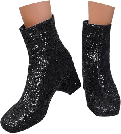Generisch Botines con purpurina para mujer, cómodos, botines cortos, botines modernos con tacón grueso, botas de tobillo brillantes, cordones brillantes, cremallera lateral, Negro , 36
