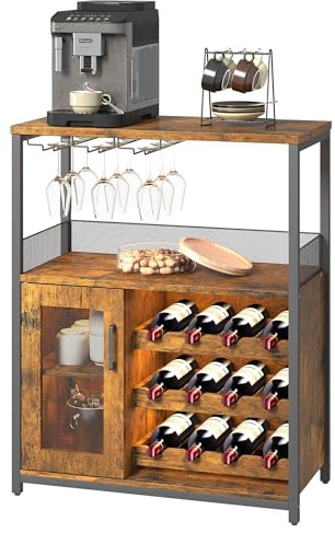 Garvee Armario para Vino de 3 Nivels 12 Botellas, Estante Ajustable Soporte para Copas y Encimera Central Abierta, Mueble Bar con Puerta, Aparador Vino para Salón, Comedor o Cocina - 69 x 35 x 92 cm