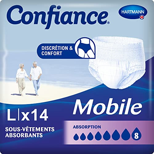 Confiance Mobile - Slips Absorbants pour Hommes et Femmes - Niveau d'Absorption = 8 gouttes (Fuites Urinaires Importantes) - Discrets et efficaces - pH Neutre à la Peau - Taille L - 14 Unités