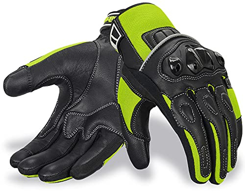 Oro Biker Motorbike Motorcycle Gloves, Premium Leather and Summer Mesh Hard Knuckle Touch Screen Motorbike Gloves Racing ATV Riding Gloves for Men (X-Large, Black/Fluorescent Green)