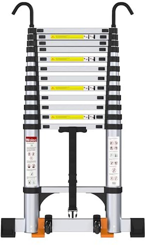 Wolec 12.5 FT Telescoping Ladder with Hooks, Adjustable Multi-Purpose Collapsible Extension with Stabilizers & Wheels, Heavy Duty 330 lbs Max Capacity, Ideal for Home and Outdoor Work,Silver