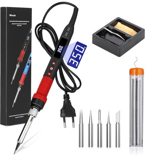 Wiecok Fer à Souder Digital de Précision 80W, Fer a Souder Etain avec Température Réglable 180~500℃, Fer a Souder avec Interrupteur ON/OFF, 5 Panne à Souder, Fil de Soudure Pour Réparation Soudure