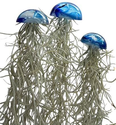 Set de 3 Medusas de Cristal Azul con Tillandsias Naturales – Plantas de Aire Colgantes – Decoración Artesanal en Resina Epoxi – Regalo Original