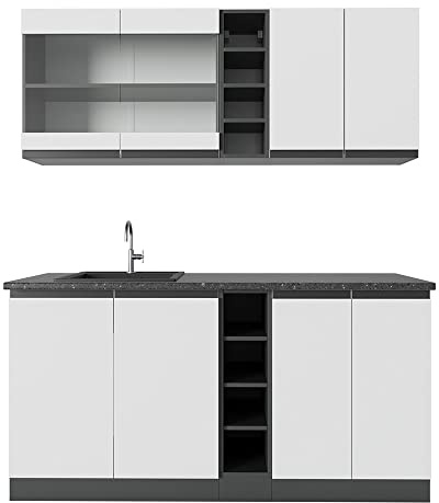 Vicco Singleküche R-Line, Weiß/Anthrazit, 160 cm J-Shape, AP Anthrazit, zur individuellen Erweiterung mit zusätzlichen Modulen geeignet