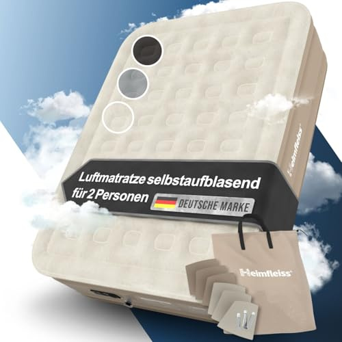 Heimfleiss® Luftbett 2 Personen | Premium Aufblasbare Matratze 150x200 cm | Luftmatratze selbstaufblasend ideal nutzbar als Gästematratze & Campingmatratze | Aufblasbares Bett für Kinder & Erwachsene