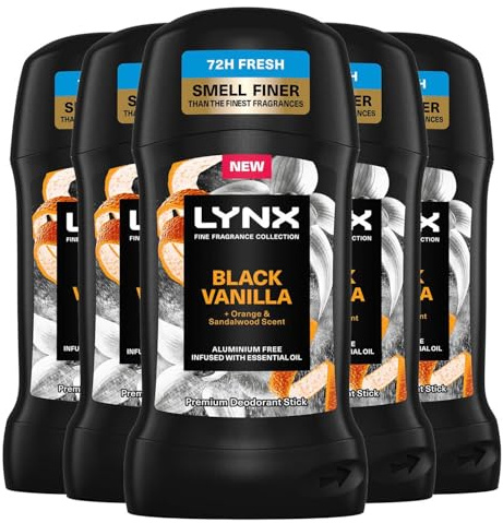 Lynx Fine Fragrance Collection Black Vanilla Deodorant Stick for Men 50ml Pack of 5 Aluminium Free Premium Mens Deodorant Stick with Essential Oils 72H Odour Protection