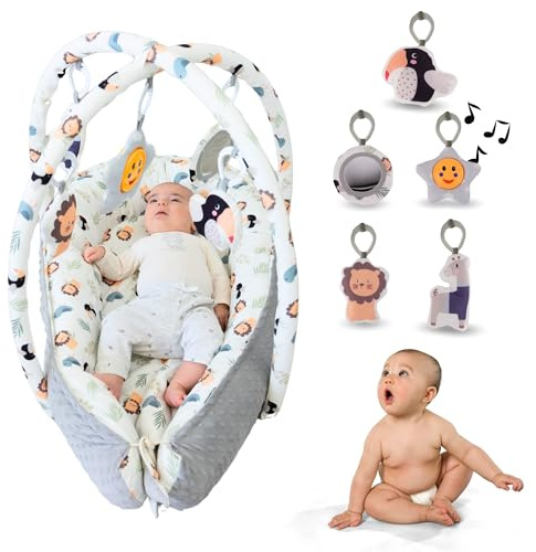 Nido de Bebé Recién Nacido 0-6 Meses - Reductor de Cuna 90cm con Arco de Juegos (5 Piezas Sensoriales) - Nido Colecho de Algodón Transpirable, Desmontable y Lavable