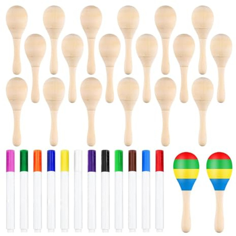 Flaroey Lot de 20 mini maracas en bois pour enfants, mini maracas pour fête mexicaine avec 12 stylos multicolores, fête