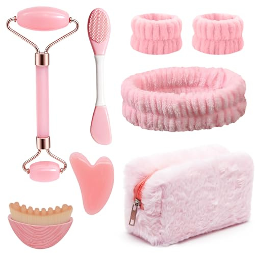 8 Pezzi Gua Sha Viso Kit, Guasha Viso Quarzo Rosa, Rullo Massaggio Viso, Pietra Gua Sha, Spazzola Detergente, Fascia, Borsa Cosmetica Rosa, Massaggiatore Viso, Regali Per Le Donne
