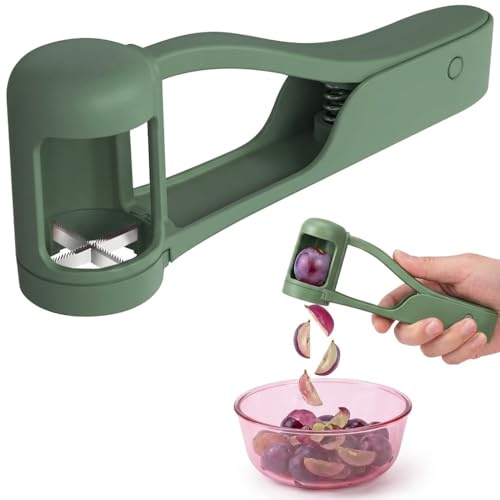 Grape Cutter Fruit Slicer Quarter Cutter with Stainless Steel Blades Sky Blue Cherry Tomato Strawberry Slicer Manual Fruit Chopper Tool for Snacks Salad Kitchen Gadget (Green)