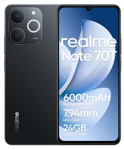 realme Note 70T Smartphone 4+256 GB, Batteria da 6000 mAh, Ricarica rapida da 15 W con supporto alla ricarica inversa da 6 W, RAM dinamica da 24 GB, display da 90 Hz con protezione per gli occhi, nero