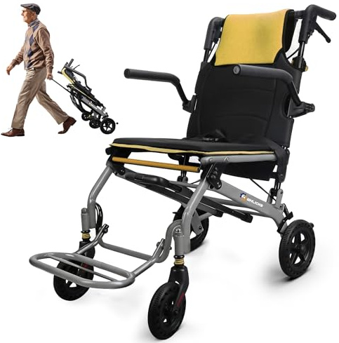 Sedia a Rotelle per Adulti Sedia da Trasporto Leggera Pieghevole con Manico Telescopico, Larghezza Seduta 46cm Sedie a Rotelle da Viaggio Pieghevoli Portatili per Anziani