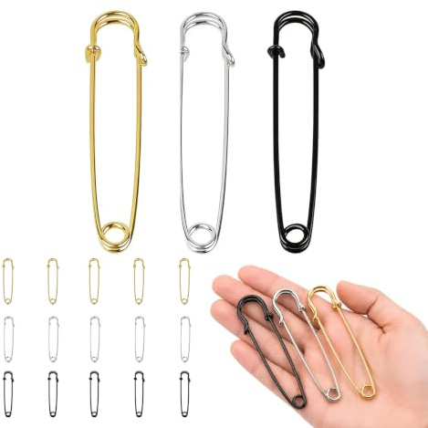 Zolara 15 Stück Épingle de Sûreté 70mm, Épingles de Sécurité Extra Larges, Geeignet für schwere Stoffe, Ideal Zum Nähen und für Kreative Bastelprojekte (Silber/Gold/Schwarz)