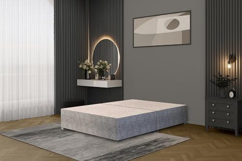 Bed Centre Tweed Grey Flexby Divan Bed Base – Upholstered Platform Frame | Super King (6FT) | Optional Headboard & Storage Drawers | Strong Timber Frame | UK Made