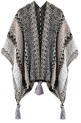 BOCOSO Knit Shawl Wrap Poncho Cape for Women, Ladies Knitted Cardigan Kimono with Fringe for Fall Winter