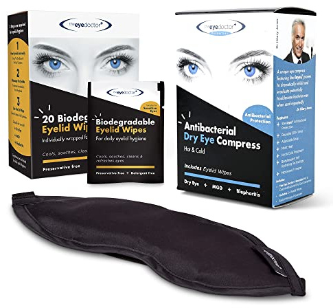 The Eye Doctor Esencial Pack De Tratamiento - Compresa Ocular Caliente Y Fría Reutilizable Y 80 Toallitas De Un Solo Uso Para El Ojo Seco, La Blefaritis Y La MGD - Máscara Apta Para El Microondas