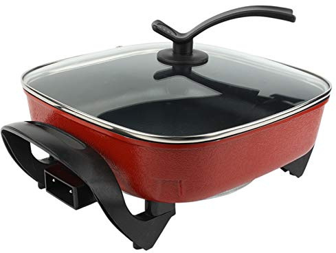 Ejoyous Electric Frying Pan Multicooker, 1360W Square Non-Stick Cast Aluminum Red Electric Skillet with Adjustable Thermostat, Anti-Scalding Handle, Easy Clean Coating for Fry Sauté Braise (5L)
