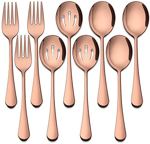 Lot de 3 cuillères de service en acier inoxydable et cuivre, 3 cuillères de service fendues, 3 fourchettes de service, ustensiles de service en métal pour restauration, dîner, buffet (C)