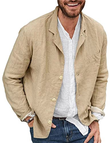 Onsoyours Blazer pour Homme Lin Revers Décontracté Slim Fit Manches Longues Vintage Ample Printemps Automne Mince Élégant Veste de Costume Chemises Solid