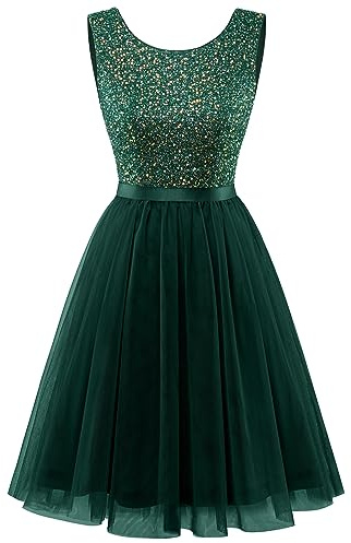 BeryLove Homecoming Dresses for Teens Sequin Dress Sleeveless Cocktail Dresses Tulle Dress Mini Prom Party Formal Dress S002 DarkGreen XS