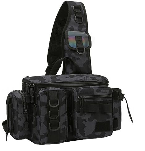 Borsa a Tracolla da Pesca - Zaino Con Grande Capacità, Custodia per Attrezzi ed Esche, Nero Mimetico, Moderno