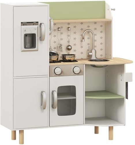 AIYAPLAY Cucina Giocattolo per Bambini 3-6 Anni con Macchina del Ghiaccio e Padelle, Cucina per Bambini con Ripiani e Armadietti per Utensili e Stoviglie, 84x34x89 cm, Bianco e Verde