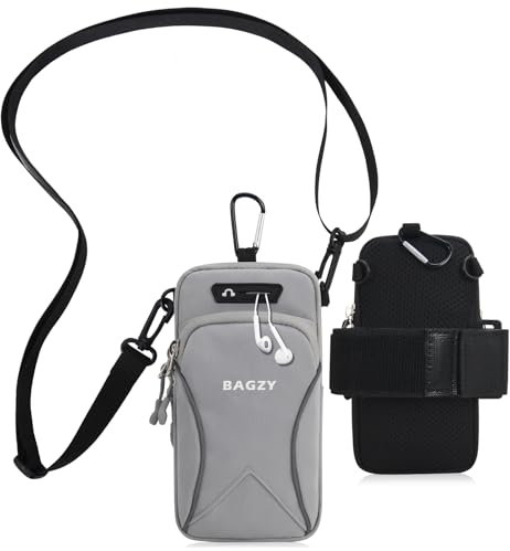 BAGZY Pochette Telephone Portable 7,0 Pouces avec Bandoulière, Brassard Telephone Sport Applicable à Course à Pied, Yoga, Jogging Accessoires pour iPhone 15 Pro/14 Pro Max (Gris)