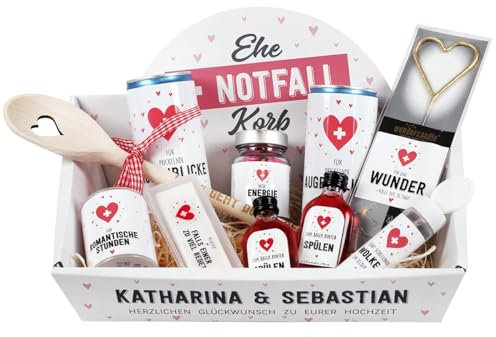 Lustiges Hochzeitsgeschenk -Ehe Notfall Korb- mit 2 Zeilen Wunschtext bedruckt mehrfarbig