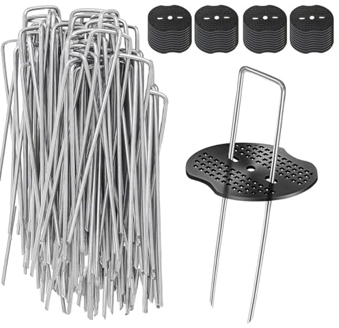 Weed Membrane Pegs, 50 Pack Metal 6/150mm Weed Pegs+50 Pack Buffer Washer Heavy Duty Ground Pegs Fabric Garden Pegs Staples Artificial Grass Pins for Membrane