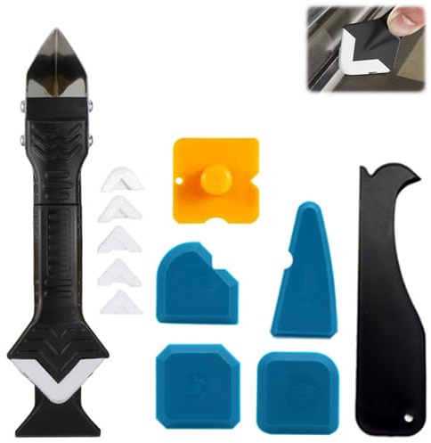 Silicone Remover, Set di strumenti per l'estrazione del silicone 5 in 1 Coltello per giunture in acciaio inox 6 pastiglie di silicone intercambiabili per la cucina, il lavandino e la finestra