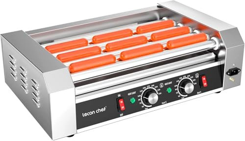 Lecon Chef Hot Dog Machine Elektrogrill, 7 Rollen Edelstahl Hot Dog Maker, 1200 Watt mit Auffangschale, LED-Leuchten und 50-250°C Temperatur
