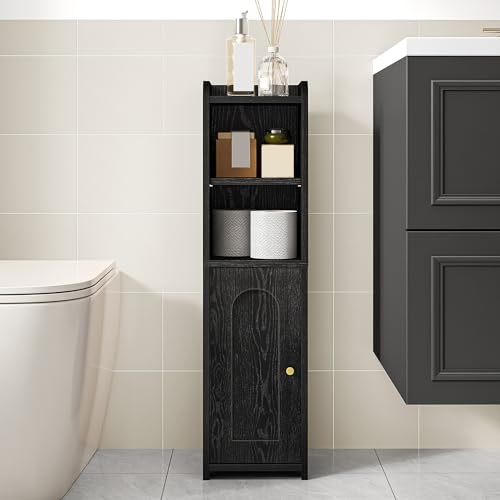 Hzuaneri Corner Bathroom Cabinet, Narrow Floor Storage for Small Spaces with Adjustable Shelf and Door, Freestanding Toilet Paper Organizer, Slim Bathroom Storage Unit, Black 20 x 20 x 75 cm, BC19704X