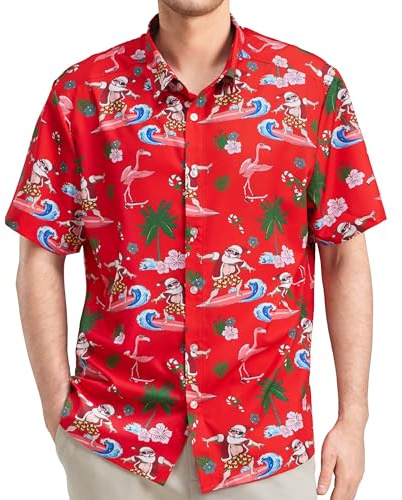 Giggling Getup Chemise hawaïenne décontractée à manches courtes boutonnée pour homme, Surf Santa Rouge, Taille XL
