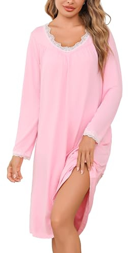 Litherday Camicia da Notte Cotone Manica Lunga Camice da Notte Scollo a V in Pizzo Vestito da Notte Invernale