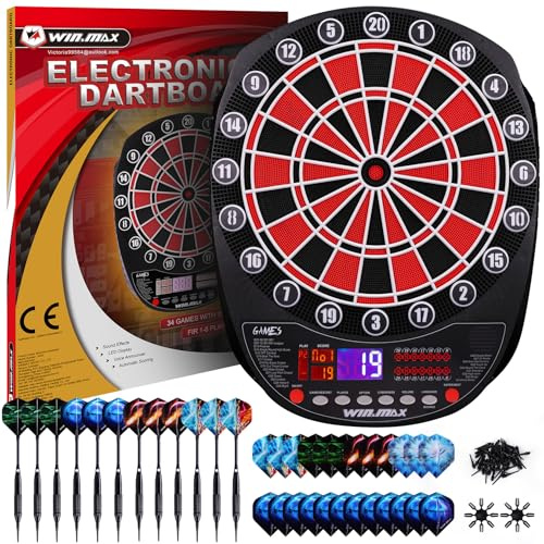 WIN.MAX Elektronisk darttavla med mjuk spets darttavla set LED-skärmar 3 språk med 12 dartpilar strömadapter med 100 spetsar