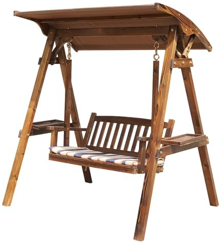 Banco oscilante de madera de teca con toldo ajustable, columpio para exteriores para todo tipo de clima, capacidad de 600 libras para jardín y espacios de vida al aire libre, color marrón