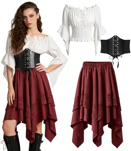minkasic Costume Femme Pirate Médiéval Gothique Ensemble Robe Médiévale avec Chemise Blanche & Ceinture, Tenue Renaissance pour Carnaval, Mardi Gras, Halloween & Fête Médiévale