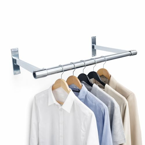 25mm Wall Mounted Clothes Rail Heavy Duty Chrome Garment Hanging Bar – Steel Clothing Display for Retail Shop, Stockroom & Home Wardrobe (3ft Tube + 2 Brackets)
