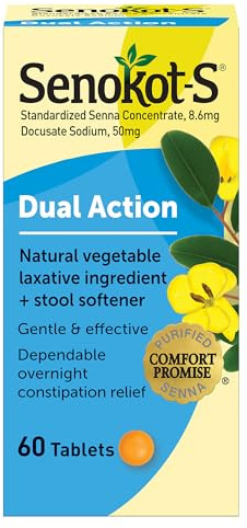 Senokot-S Dual Action 60 Tablets, Natural Vegetable Laxative Ingredient Plus Stool Softener Tablets, Gentle Dependable Overnight Relief of Occasional constipation White