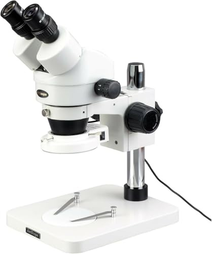 AmScope SM-1BS-144S Professional Binocular Stereo Zoom Microscope, WH10x Eyepieces, 7X-45X Magnification, 0.7X-4.5X Zoom Objective, 144-Bulb LED Ring Light, Pillar Stand, 110V-240V