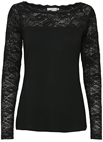 KAFFE Langarm-Shirt Lacy Damen Bluse Top Spitze Oberteil Langarm Slim Fit Spitzenbluse XXL, Black deep XXL
