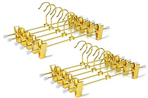 Amber Home 10 Pack Shiny Gold 12 Inch Metal Pants Skirts Hanger, Sturdy for Slacks Trousers with 2 Adjustable Non Slip Clips and Swivel Hook (10 Pack)