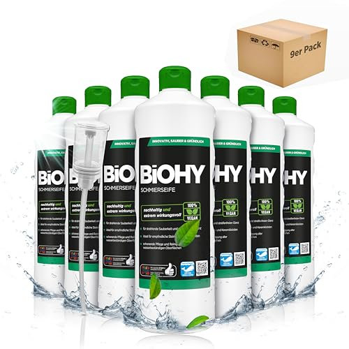 BiOHY Schmierseife (9 x 1 Liter) + Dosierer | Konzentrat für Bodenreinigung – Wischpflege für Holz, Parkett & Fliesen | Rückfettend, extra stark & ergiebig | Flüssiger Bio-Fußbodenreiniger