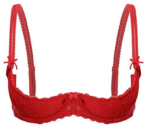 CHICTRY Women's Strappy Lace 1/2 Cup Demi Bra Underwire Lift Up Unlined Shelf Bra Bustier Brassiere Red M