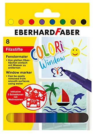 Eberhard Faber 550022 - Window Marker Colori, 8 Fensterstifte abwaschbar, inkl. 3 Schablonen