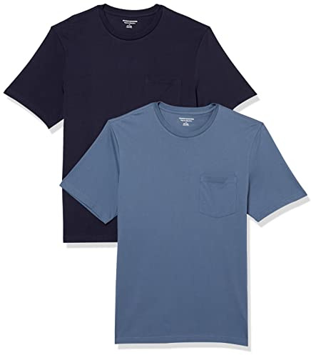 Amazon Essentials Herren Kurzärmeliges T-Shirt mit Rundhalsausschnitt und Tasche, 2er-Pack, Dunkelblau/Marineblau, L