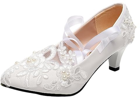 Jamron Donna Elegante Pizzo Ricamo 5CM Tacco Bianco Scarpe da Sposa con Perle SN070427 EU40