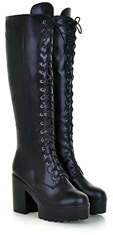 WOkismD Bottes À Talons Hauts pour Femmes Bottes Hautes Bottes Zippées Latérales À Lacets Talons Épais Chaussures De Grande Taille,Noir,38 EU