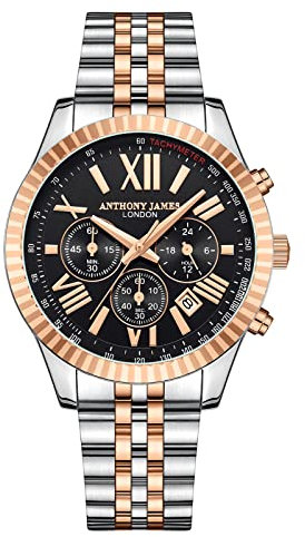 Anthony James Orologio da polso sportivo da uomo, cronografo assemblato a mano, resistente all'acqua e ai graffi, orologi analogici da uomo 5 anni di garanzia, Oro rosa 2 toni e acciaio