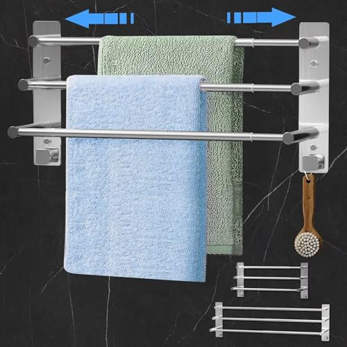 Cinnani Handtuchstange Ohne Bohren, Edelstahl Handtuchhalter Ausziehbar 37-70CM, Bad Handtuchhalter 3 Stangen mit Haken, Selbstklebend Wandmontage Handtuchhalter für Badezimmer küche Wand, Silber
